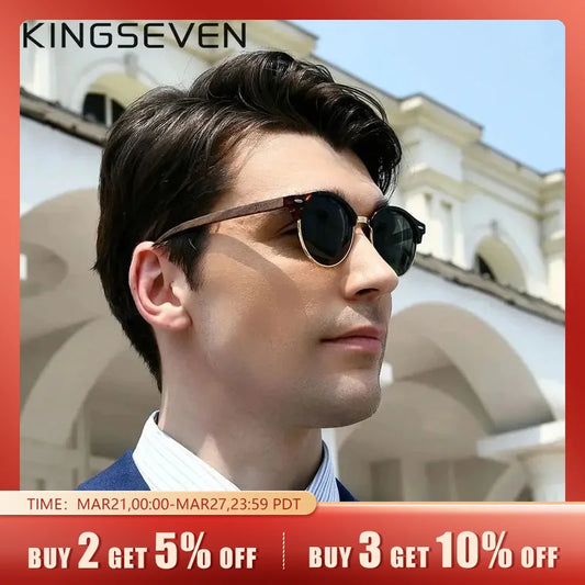 KINGSEVEN Handmade Walnut Round Sunglasses - Polarized UV400