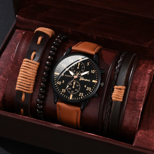 Men's Sports Watches Set: Quartz Wristwatch with Brown Leather Bracelet